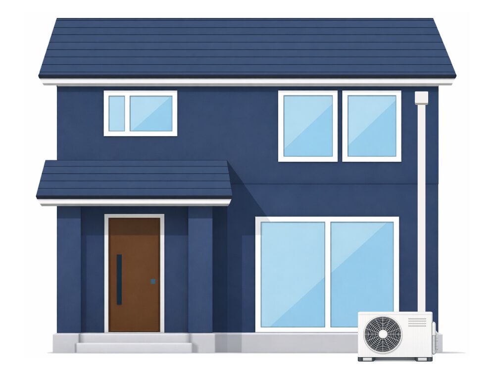 エアコン室内機を2階、室外機を1階に設置した場合の配管延長イメージ（異階設置の工事例）