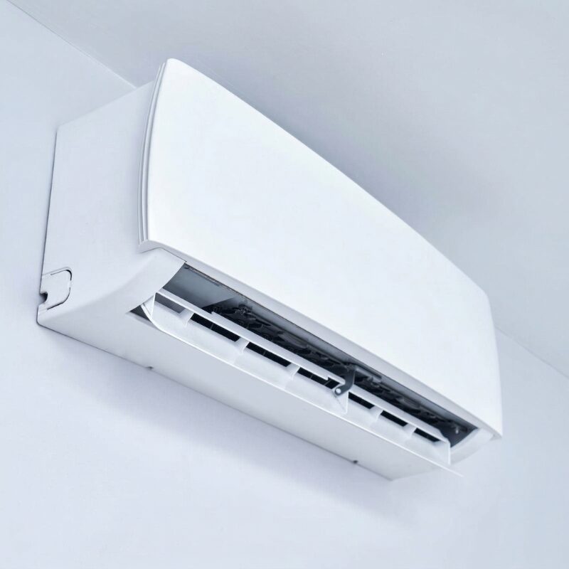 壁の高い位置に設置された白い家庭用ルームエアコン