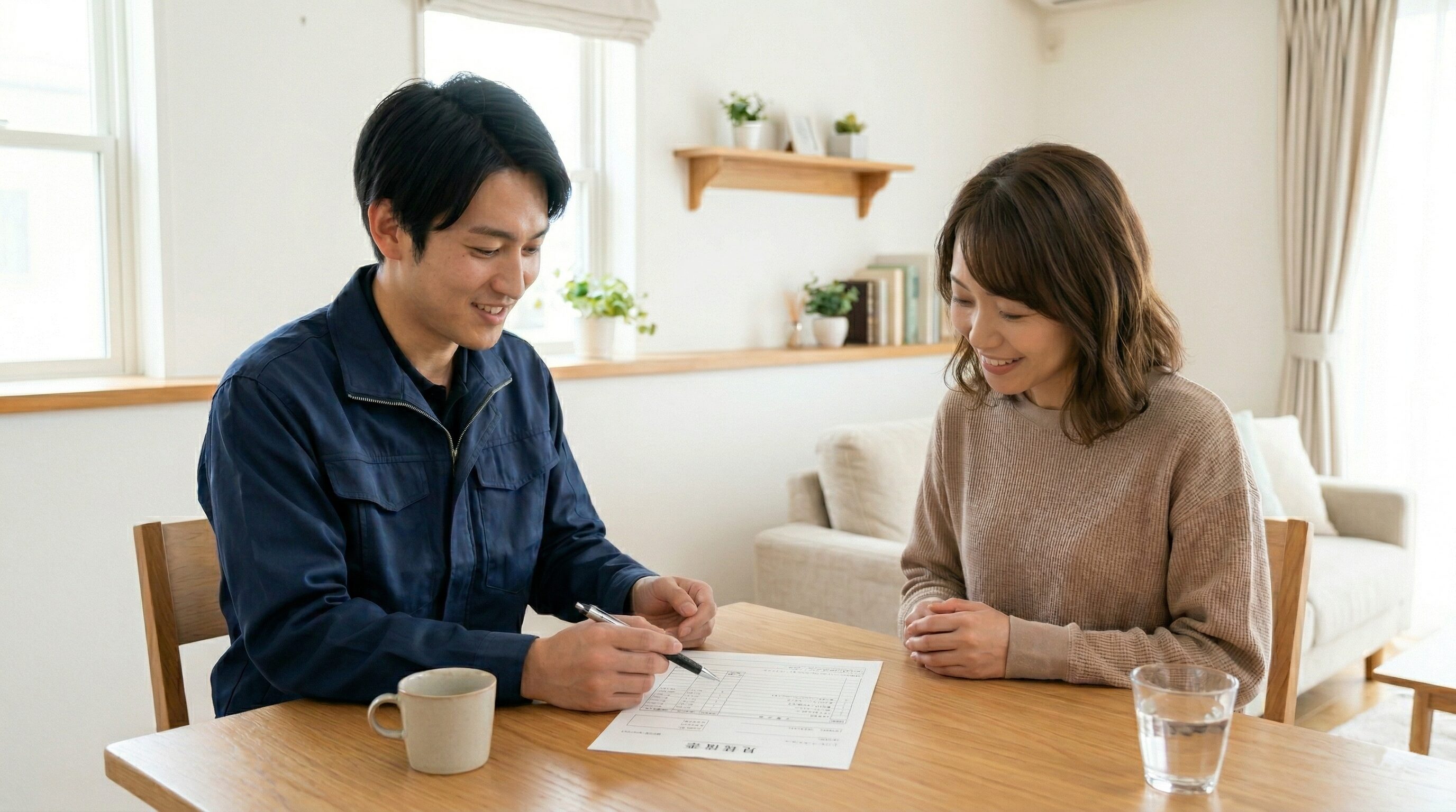 作業スタッフが住宅内で見積内容を説明している様子