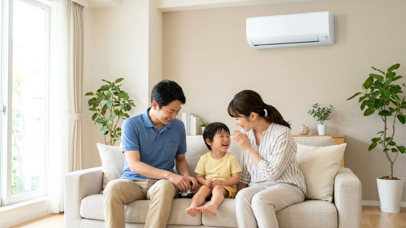 設置済みエアコンのあるリビングで家族が安心して快適に過ごす様子