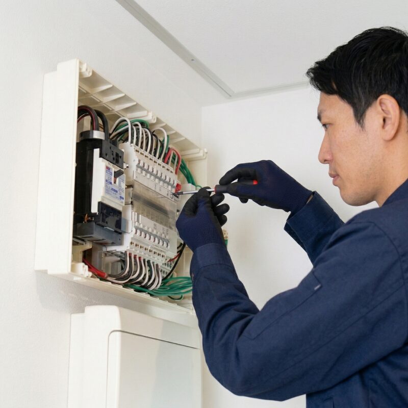 分電盤の配線を確認しながら電気工事を行う作業スタッフ